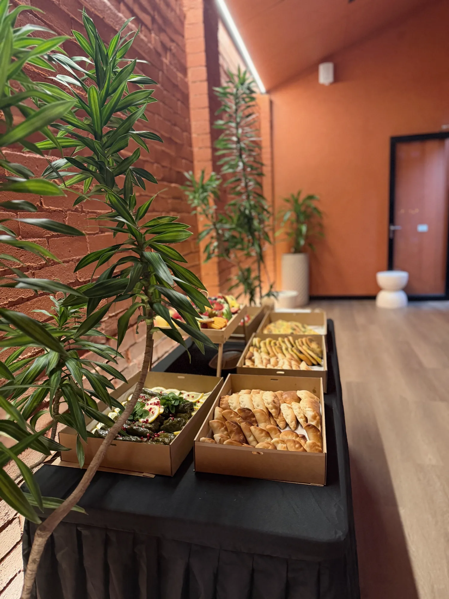 Catering boxes of pastries and dolmades beside the brick wall